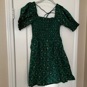 Hill House Mini Dress in Forest Green with Pink Floral Print